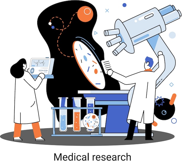 Plik wektorowy metafora badań medycznych laboratoryjne usługi diagnostyczne naukowcy pracują sprzęt i mikroskop wirusolodzy chemia klinika laboratoria mikrobiologia badania farmaceutyczne odkrywanie szczepionek