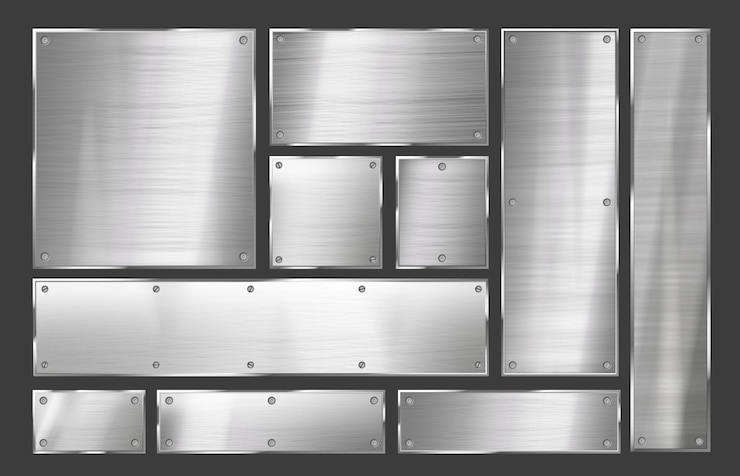 Wektor metalowa płyta szczotkowana stalowa rama z metalowymi nitami polerowany metalowy szyld tło wektor zestaw