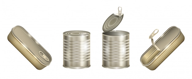 Metalowa puszka na białym tle realistyczny zestaw ikon. ilustracja aluminiowy pojemnik na białym tle