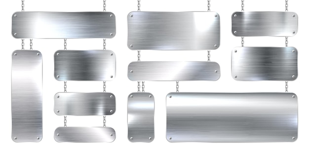 Plik wektorowy metalowe banery wiszące na łańcuchu realistyczna błyszcząca stal z śrubami polerowanym srebrnym metalem