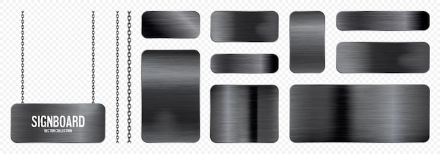 Plik wektorowy metalowe sztandary wiszące na łańcuchu realistyczna błyszcząca stalowa płyta z śrubami z polerowanego czarnego metalu