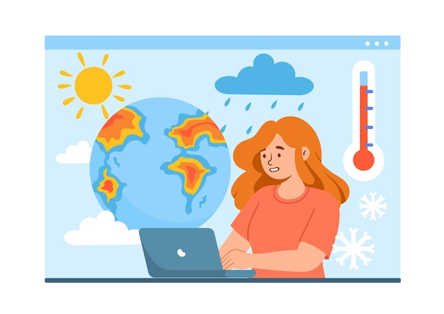 Plik wektorowy meteorolog dziewczyna z koncepcją laptopa młoda kobieta z kulą ziemską i temperaturą deszcz, śnieg i słońce postać w pobliżu termometru studia i badania ilustracja kreskówka płaski wektor