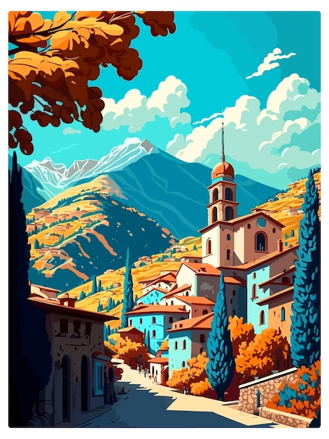 Plik wektorowy metsovo grecja dekoracja vintage plakat podróży pamiątka pocztówka portret malarstwo wpa ilustracja