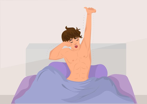 Plik wektorowy mężczyzna budzi się szczęśliwy, rozciąga się w łóżku, gotowy obudzić się rano. ilustracja wektorowa