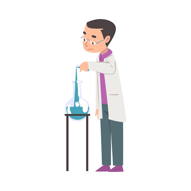 Plik wektorowy mężczyzna chemik wykonujący eksperymenty naukowiec lub student postać pracująca w medycynie lub badania