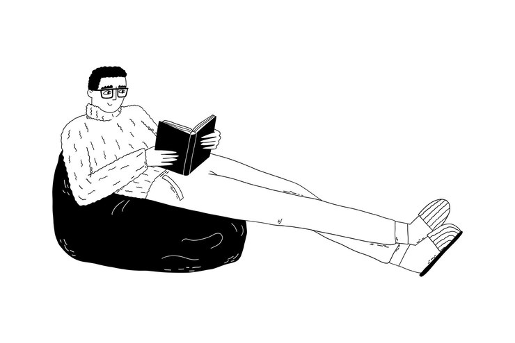 Mężczyzna czyta książkę studium wypoczynek relaks ręka wektor doodle ilustracja