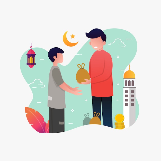 Mężczyzna daje pieniądze biednym ludziom płaską ilustrację