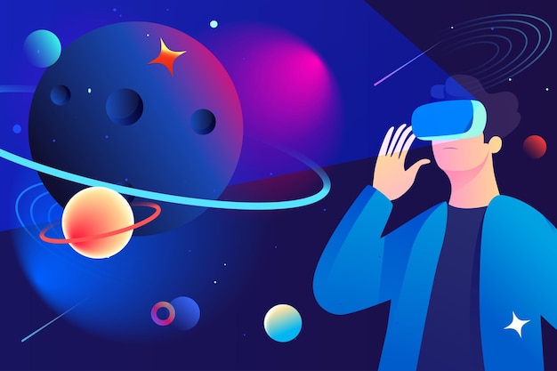 Mężczyzna Grający W Wirtualną Rzeczywistość Metaverse Z Planetą I Wszechświatem W Okularach Vr W Wektorze Tła