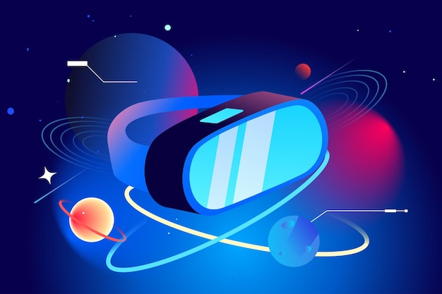 Mężczyzna grający w wirtualną rzeczywistość metaverse z planetą i wszechświatem w okularach vr w wektorze tła