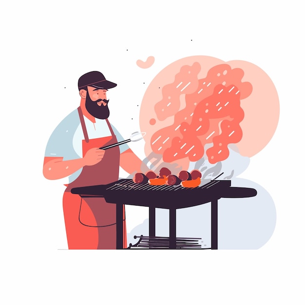Plik wektorowy mężczyzna grillujący soczyste steki na grillu z płomieniami i dymem ilustracji wektorowych