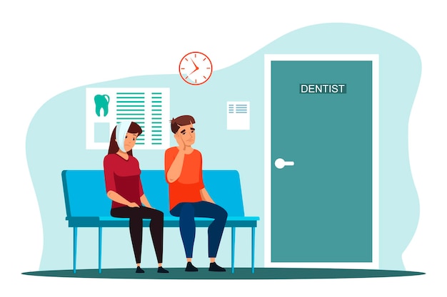 Mężczyzna I Kobieta Cierpiący Na Okropny Ból Zęba Czekają Na Dentystę Na Korytarzu Kolejka Do Szpitala Stomatologicznego