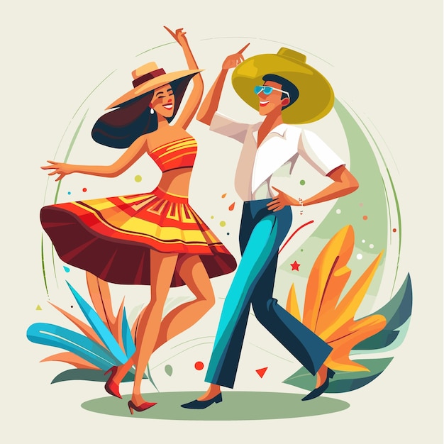 Plik wektorowy mężczyzna i kobieta z ameryki łacińskiej tańczą w tropikalnym otoczeniu