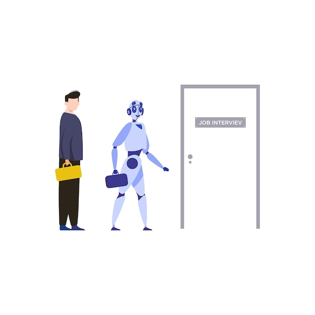 Mężczyzna I Robot Stoją Przed Drzwiami Z Napisem Job Gateway.