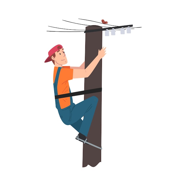 Plik wektorowy mężczyzna inżynier elektryk pracujący na słupie elektrycznym pracownik w zakresie konserwacji energii elektrycznej postać w stylu kreskówki ilustracja wektorowa
