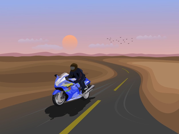 Plik wektorowy mężczyzna jedzie duży rower na autostradzie z górami i zachodem słońca w tle.