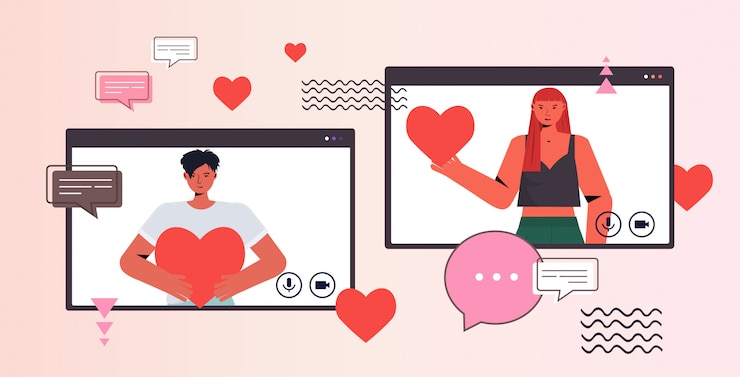 Wektor mężczyzna kobieta na czacie w randki online para aplikacji w oknach przeglądarki internetowej trzymając serca relacje społeczne koncepcja komunikacji portret poziomej ilustracji