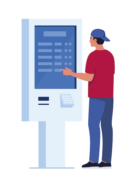 Mężczyzna Korzystający Z Samoobsługowego Elektronicznego Terminala Płatniczego I Informacyjnego Z Ekranem Dotykowym