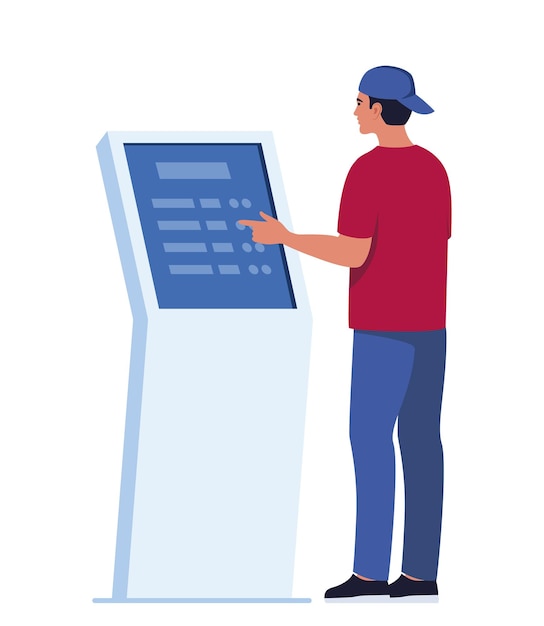 Plik wektorowy mężczyzna korzystający z samoobsługowego elektronicznego terminala płatniczego i informacyjnego z ekranem dotykowym