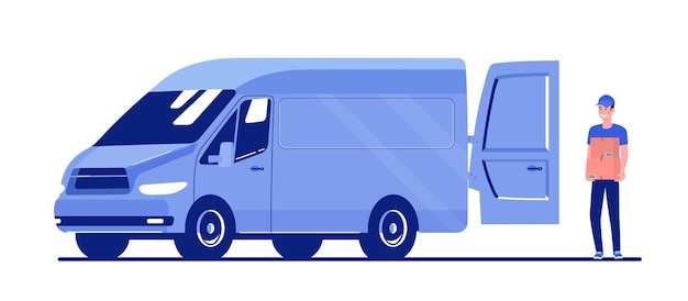 Plik wektorowy mężczyzna ładuje pudła do furgonetki. ilustracja wektorowa płaski.
