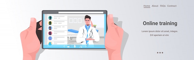 Plik wektorowy mężczyzna lekarz na ekranie smartfona online konsultacje medyczne koncepcja medycyny opieki zdrowotnej pacjent mający czat wideo z lekarzem ilustracja pozioma kopia przestrzeń