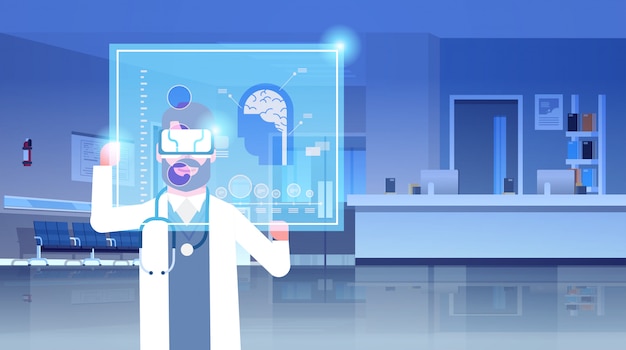 Plik wektorowy mężczyzna lekarz w okularach cyfrowych, badanie mózgu wirtualnej rzeczywistości