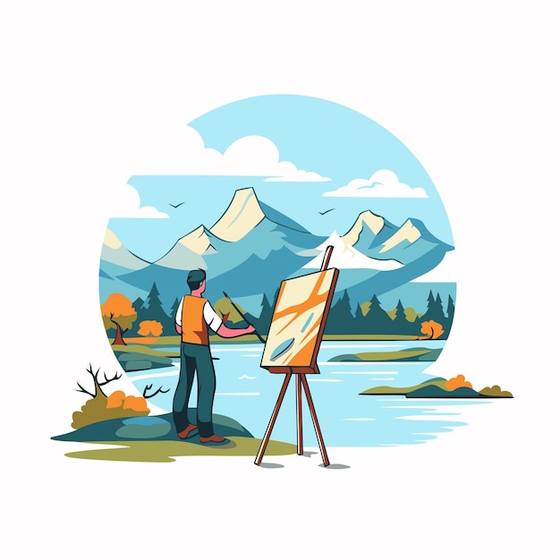 Plik wektorowy mężczyzna malujący na płótnie na jeziorze ilustracja wektorowa w stylu płaskim