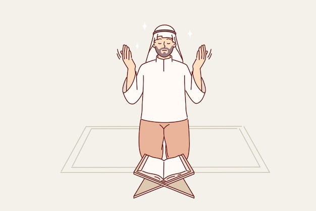 Plik wektorowy mężczyzna muzułmański modli się na kolanach przed koranem, przestrzegając islamskich rytuałów podczas świętego miesiąca ramadanu
