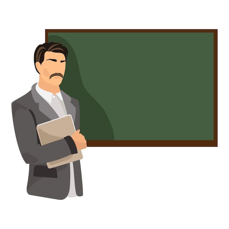 Wektor mężczyzna nauczyciel profesor w klasie w pobliżu zielonej tablicy kredowej prowadzi lekcję vector