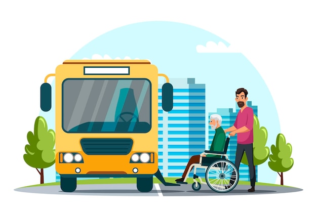 Mężczyzna niesie osobę niepełnosprawną na rampie dla wózków inwalidzkich w autobusie Syn opiekuje się starszym ojcem wolontariuszem lub lekarzem i pacjentem niepełnosprawnym