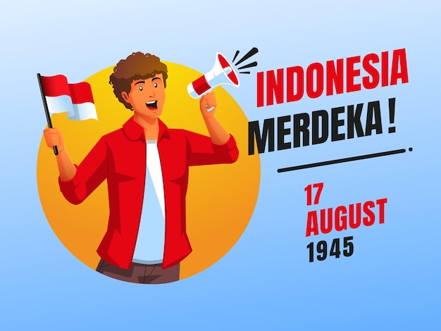 Mężczyzna Niosący Flagę Indonezji I Trzymający Megafon świętuje Dzień Niepodległości Indonezji