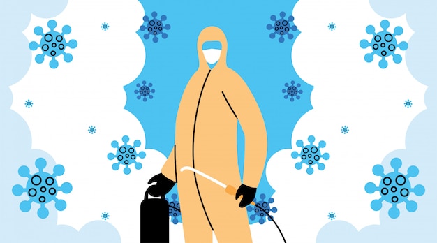 Plik wektorowy mężczyzna nosi strój ochronny, dezynfekcję za pomocą koronawirusa lub covida 19