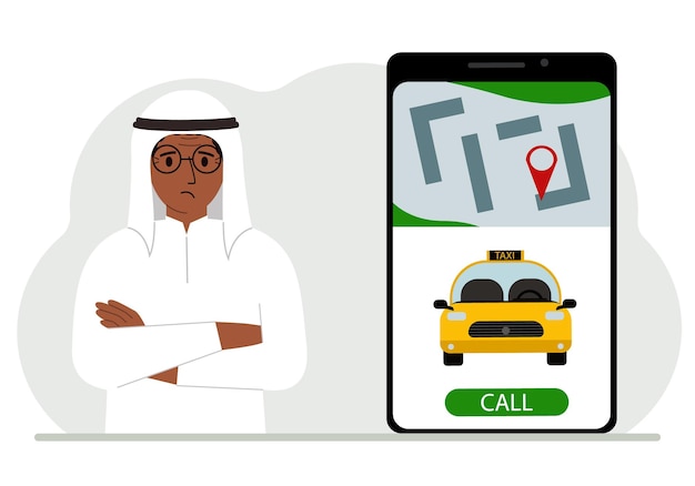 Mężczyzna Obok Dużego Smartfona Na Ekranie Z Taksówką I Geolokalizacją Koncepcja Aplikacji Mobilnej Taksówki Czyli Zamawianie Taksówki Przez Internet