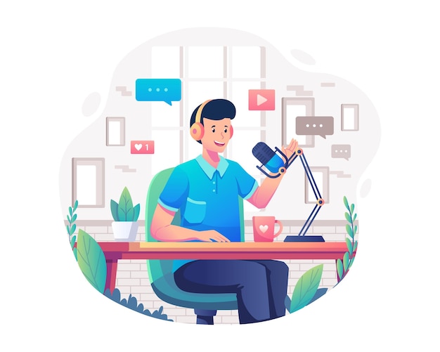 Mężczyzna od podcastów w słuchawkach nagrywa podcast w studiu Ilustracja