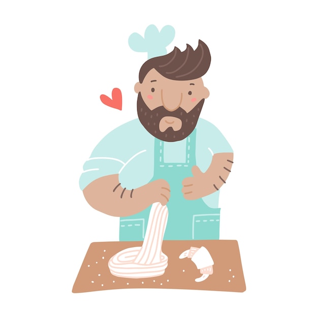 Mężczyzna Piekarz Wyrabiający Ciasto Na Stole Z Produktami Kucharz W Mundurze Kucharskim Kapeluszu I Fartuchu