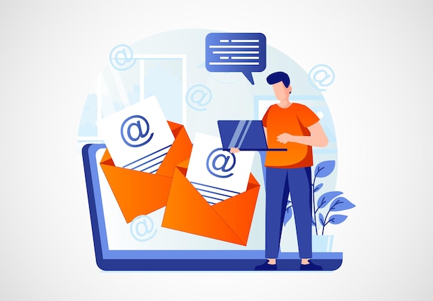 Mężczyzna pracuje na laptopie z wiadomością e-mail na ekranie