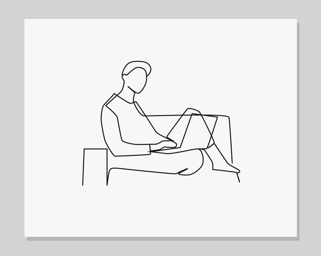 Mężczyzna pracuje w domu, ciągła jedna linia ilustracja