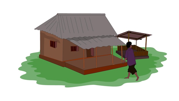 Plik wektorowy mężczyzna przechodzi obok domu z drewnianym dachem.