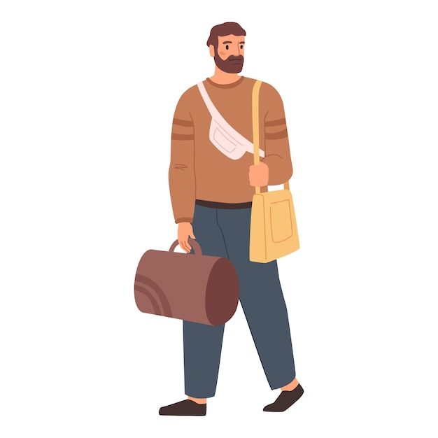 Plik wektorowy mężczyzna przewożący bagaż i torby szczęśliwy podróżnik