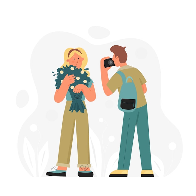 Plik wektorowy mężczyzna robi zdjęcie swojej ukochanej dziewczynie z kwiatami