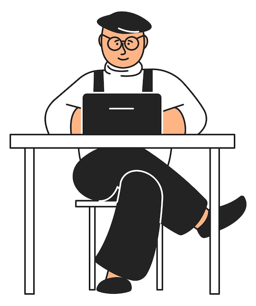 Plik wektorowy mężczyzna siedzący przy biurku i pracujący na laptopie postać freelancera