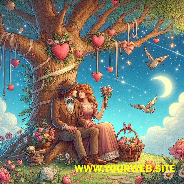 Plik wektorowy mężczyzna siedzi na drzewie z koszem z sercami i sercem, na którym jest napisane: