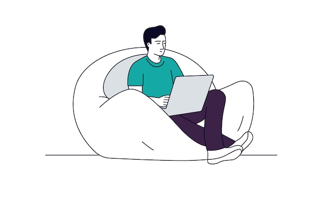 Plik wektorowy mężczyzna siedzi na kanapie z laptopem pracującym w domu z minimalną płaską grafiką liniową