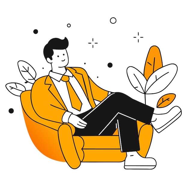 Mężczyzna siedzi na krześle. Ilustracja biznesowa.