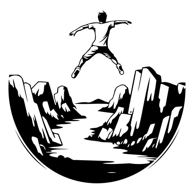 Plik wektorowy mężczyzna skaczący z klifu do morza ilustracja wektorowa w stylu retro