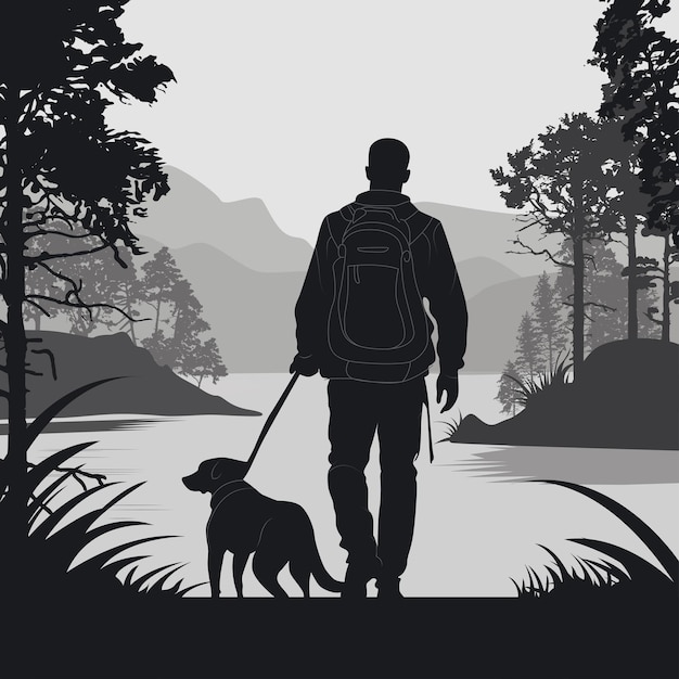 Mężczyzna spacerujący ze swoim psem po drodze w lesie