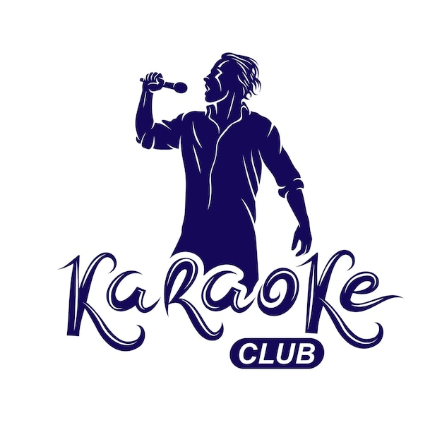 Mężczyzna śpiewa Karaoke, Klub Karaoke Emcee Show Emblemat Wektorowy Reklamowy Złożony Ze Sprzętu Audio Z Mikrofonem I Nut.