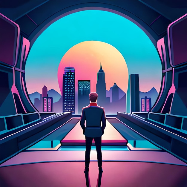 Plik wektorowy mężczyzna stoi w futurystycznej stacji kosmicznej i patrzy na panoramę miasta.