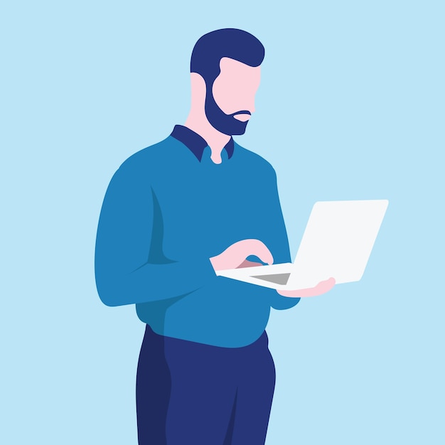 Mężczyzna stojący trzymający ilustrację wektorową laptopa