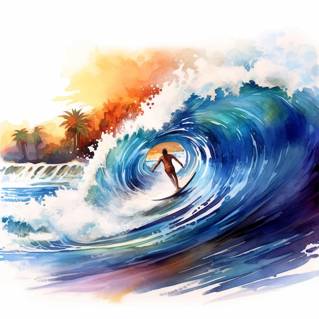 Mężczyzna Surfing Akwarela Ilustracja Farby