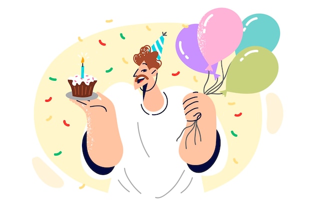 Plik wektorowy mężczyzna świętujący urodziny trzyma kawałek ciasta i balony, radując się nastaniem długo oczekiwanej rocznicy szczęśliwy facet z uśmiechem zaprasza przyjaciół na urodziny i cieszy się z uwagi lub życzeń